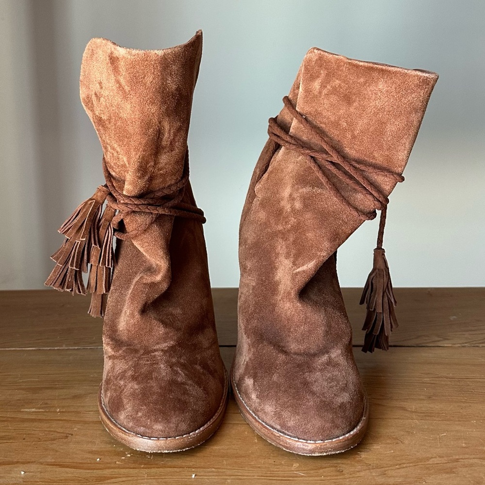 Joie Suede Tassel Ankle Boots Brown High Heel Booties Size 38/7.5